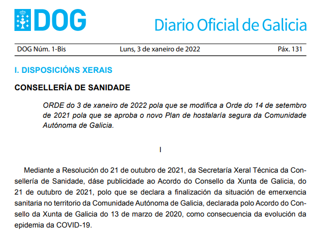 Orde do 3 de xaneiro de 2022 pola que se modifica a Orde do 14 de setembro de 2021 pola que se aproba o novo Plan de hostalaría segura da Comunidade Autónoma de Galicia