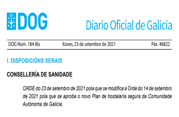ORDE do 23 de setembro de 2021 pola que se modifica a Orde do 14 de setembro de 2021 pola que se aproba o novo Plan de hostalaría segura da Comunida de Autónoma de Galicia