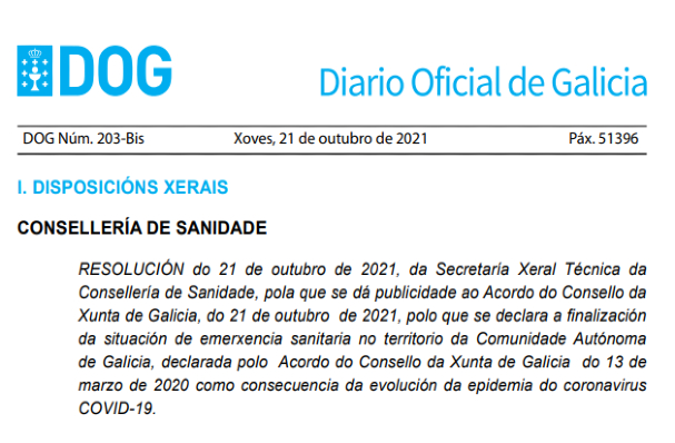 RESOLUCIÓN do 21 de outubro de 2021, da Secretaría Xeral Técnica da Consellería de Sanidade, pola que se dá publicidade ao Acordo do Consello da Xunta de Galicia, do 21 de outubro de 2021