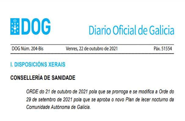 ORDE do 21 de outubro de 2021 pola que se prorroga e se modifica a Orde do 29 de setembro de 2021 pola que se aproba o novo Plan de lecer nocturno da Comunidade Autónoma de Galicia